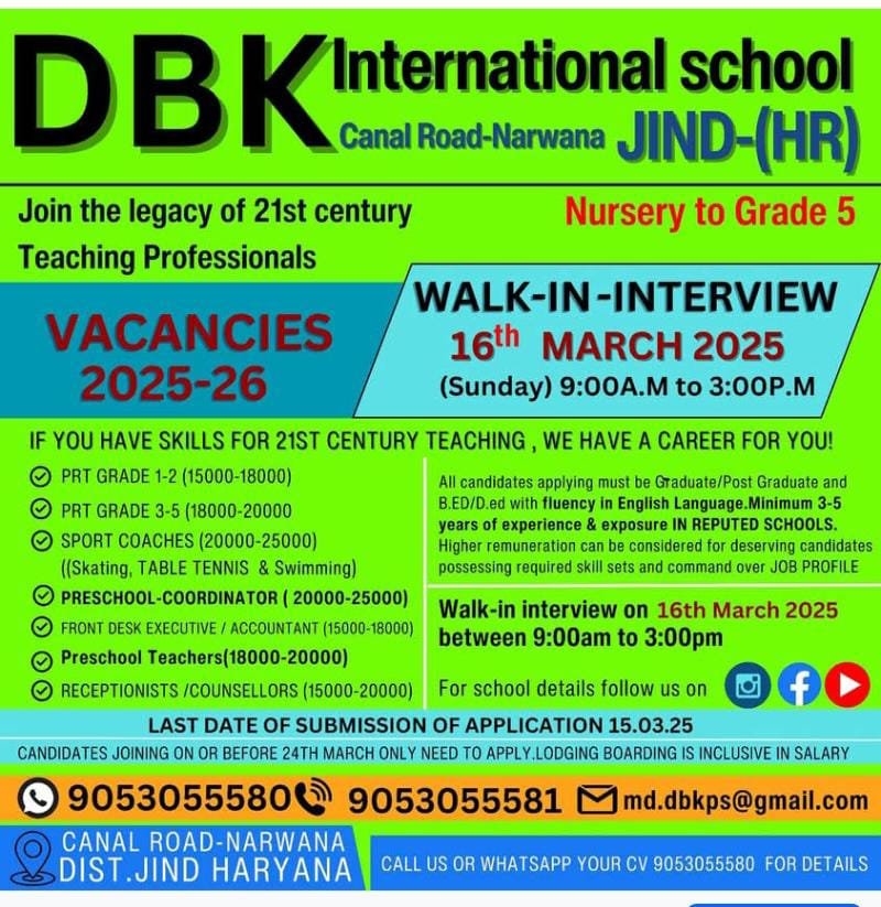 School Jobs at  DBK International School ,  Jind